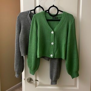 Two Lantern Sleeves Cardigans in Green and Gray
